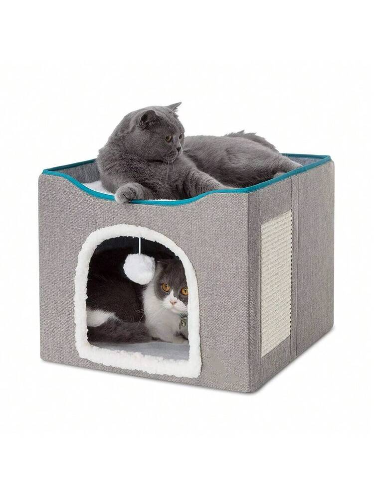Foldable Cat Bed With Double Roof Design Scratch Pad And Plush Toy Cat House Indoor Outdoor Kitten Nest Puppy Bed Warm Washable Cushion