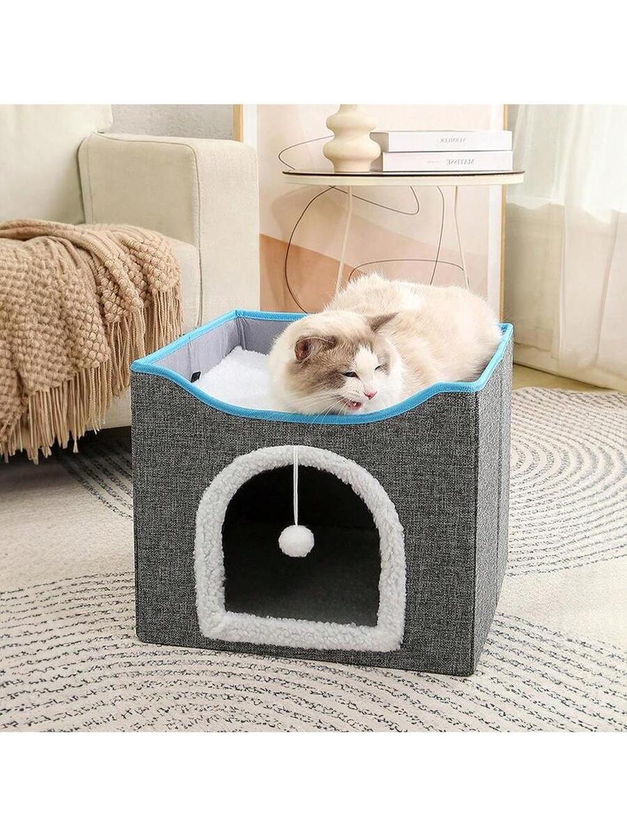Foldable Cat Bed With Double Roof Design Scratch Pad And Plush Toy Cat House Indoor Outdoor Kitten Nest Puppy Bed Warm Washable Cushion