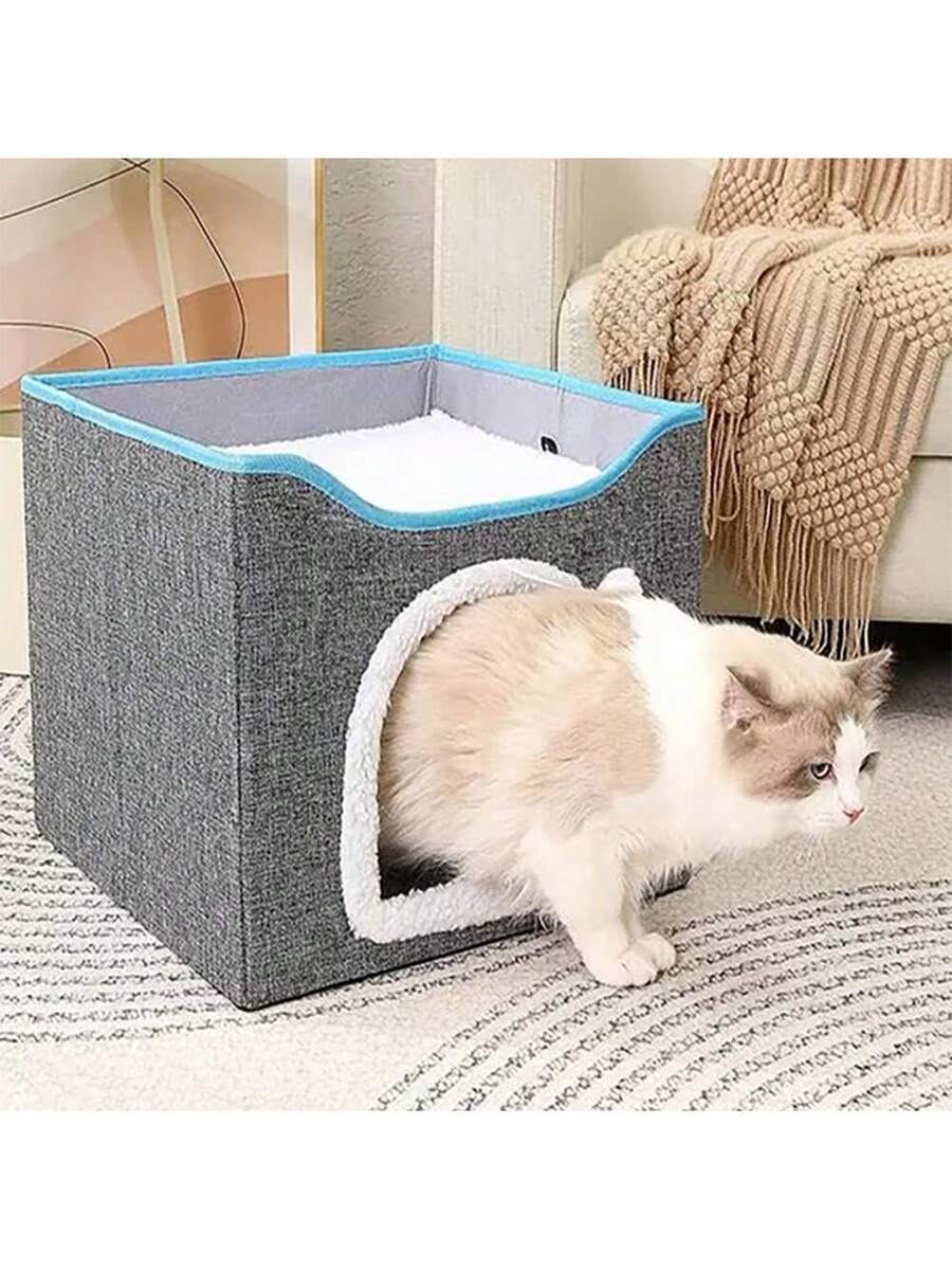 Foldable Cat Bed With Double Roof Design Scratch Pad And Plush Toy Cat House Indoor Outdoor Kitten Nest Puppy Bed Warm Washable Cushion