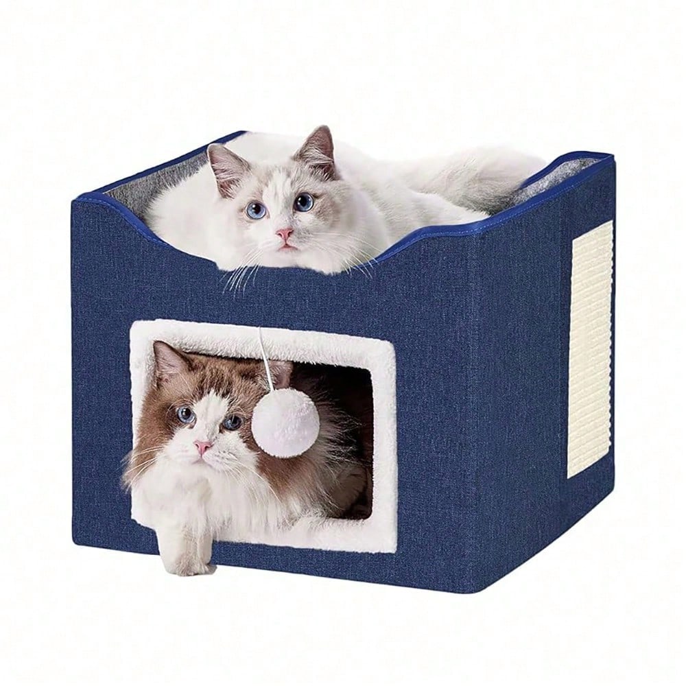 Foldable Cat Bed With Double Roof Design Scratch Pad And Plush Toy Cat House Indoor Outdoor Kitten Nest Puppy Bed Warm Washable Cushion