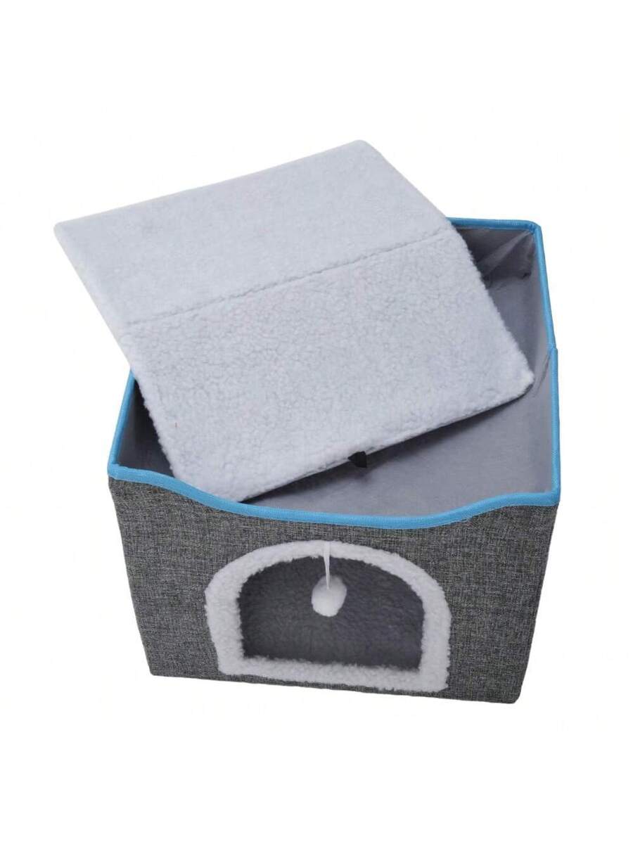 Foldable Cat Bed With Double Roof Design Scratch Pad And Plush Toy Cat House Indoor Outdoor Kitten Nest Puppy Bed Warm Washable Cushion