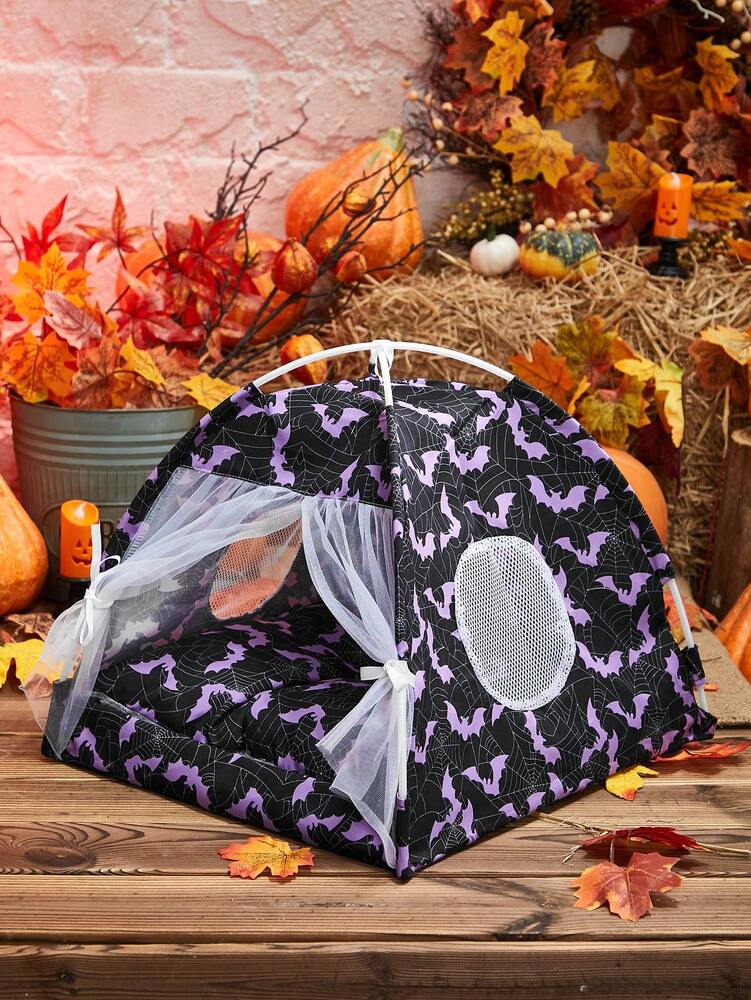 Breathable Pet Tent With Cute Bat Pattern Foldable Washable House For Small Medium Cats Dogs Cozy Portable Indoor Outdoor Sleeping Bed