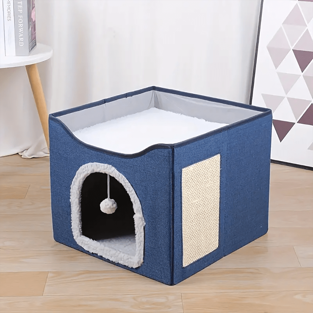 Foldable Cat Bed With Double Roof Design Scratch Pad And Plush Toy Cat House Indoor Outdoor Kitten Nest Puppy Bed Warm Washable Cushion