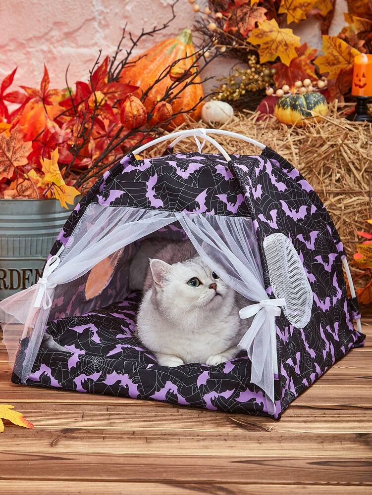 Breathable Pet Tent With Cute Bat Pattern Foldable Washable House For Small Medium Cats Dogs Cozy Portable Indoor Outdoor Sleeping Bed