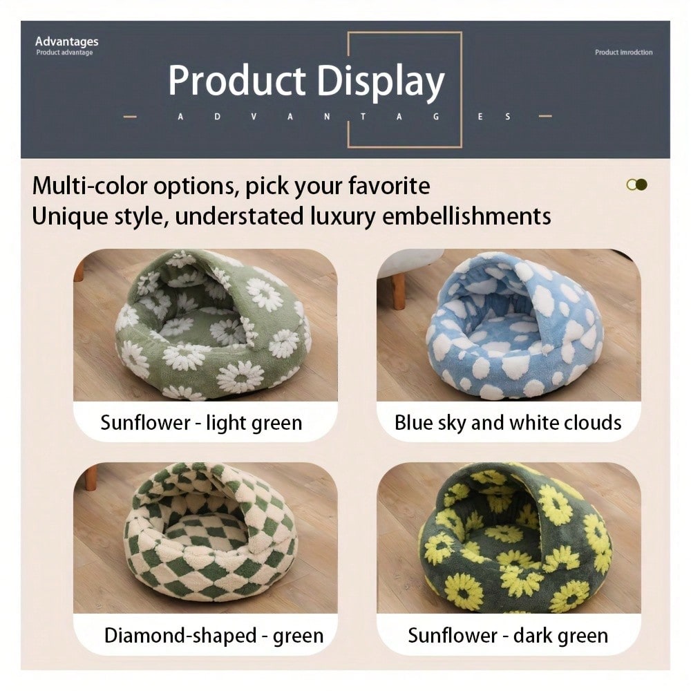 Shell Shaped Semi Enclosed Pet Bed Cozy Plush Cat Cave Nest Anti Anxiety Dog Sofa Cushion Round Bed Warm Comfortable Indoor Pet Sleeping