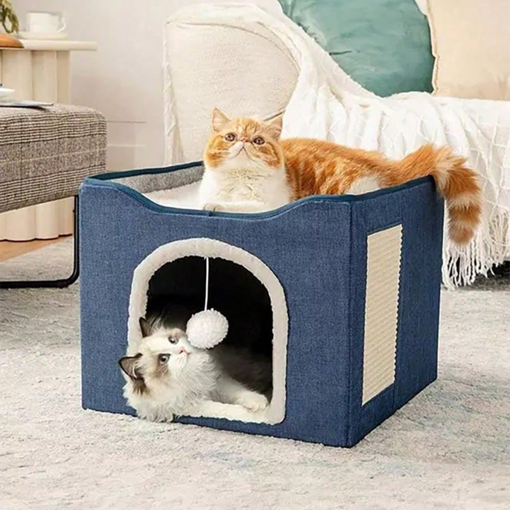 Foldable Cat Bed With Double Roof Design Scratch Pad And Plush Toy Cat House Indoor Outdoor Kitten Nest Puppy Bed Warm Washable Cushion