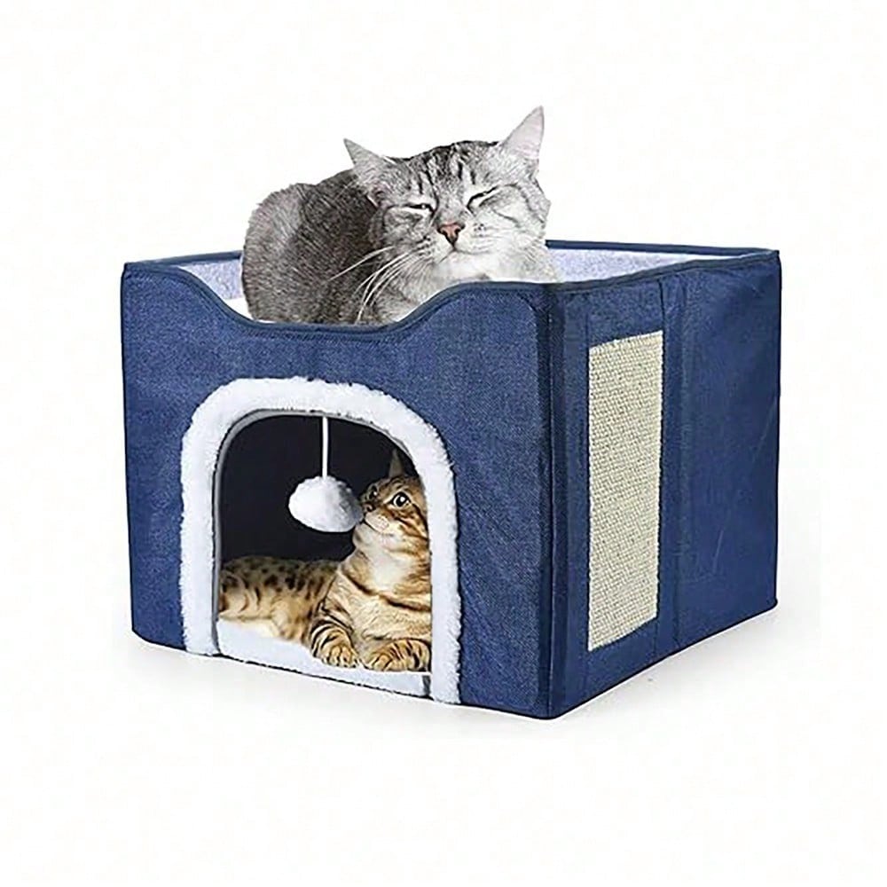 Foldable Cat Bed With Double Roof Design Scratch Pad And Plush Toy Cat House Indoor Outdoor Kitten Nest Puppy Bed Warm Washable Cushion