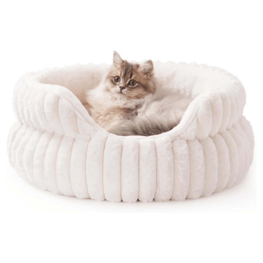 Beige Round Cat Bed For Indoor Use Soft Plush Small Dog Bed With Removable Washable Cushion Cozy Puppy Kitten Sleeping Nest Home Bed