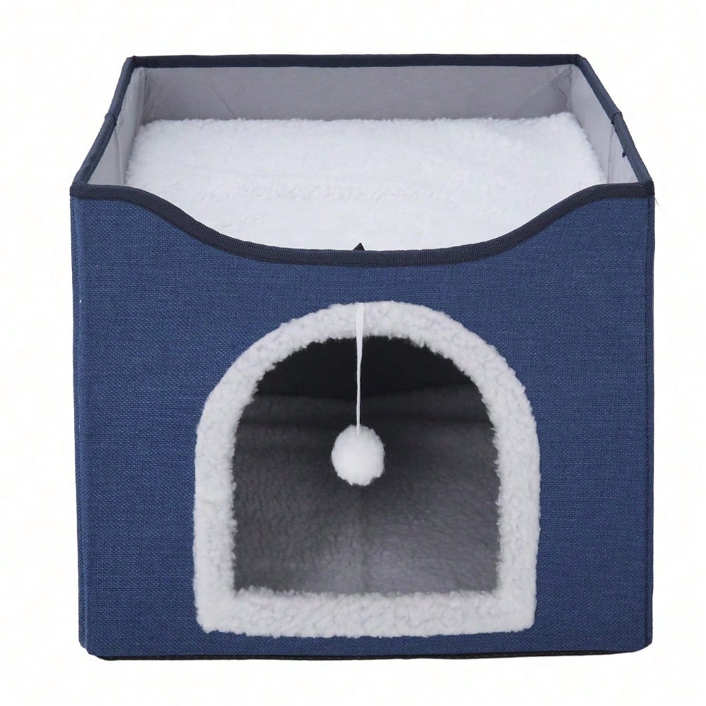 Foldable Cat Bed With Double Roof Design Scratch Pad And Plush Toy Cat House Indoor Outdoor Kitten Nest Puppy Bed Warm Washable Cushion