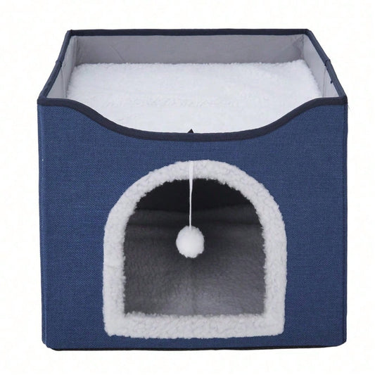 Foldable Cat Bed With Double Roof Design Scratch Pad And Plush Toy Cat House Indoor Outdoor Kitten Nest Puppy Bed Warm Washable Cushion