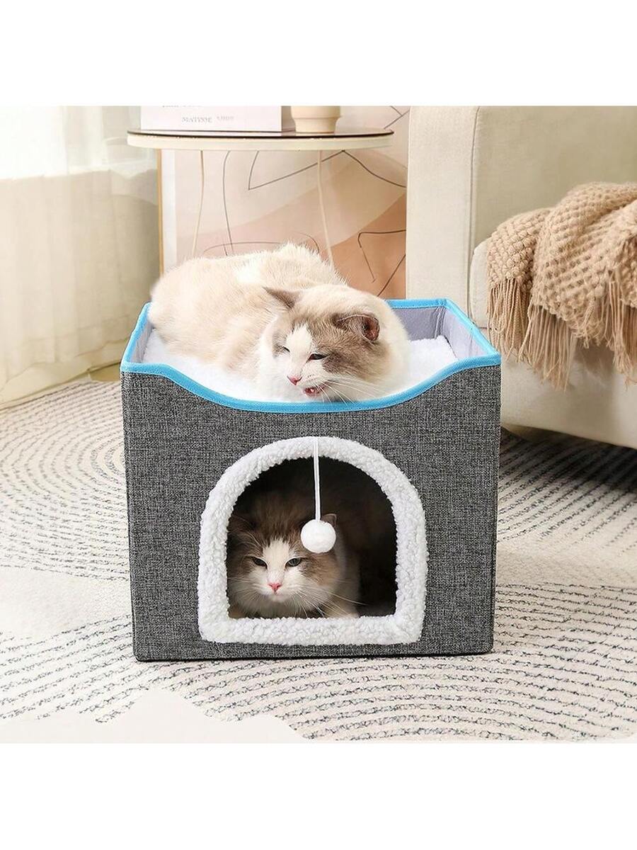 Foldable Cat Bed With Double Roof Design Scratch Pad And Plush Toy Cat House Indoor Outdoor Kitten Nest Puppy Bed Warm Washable Cushion