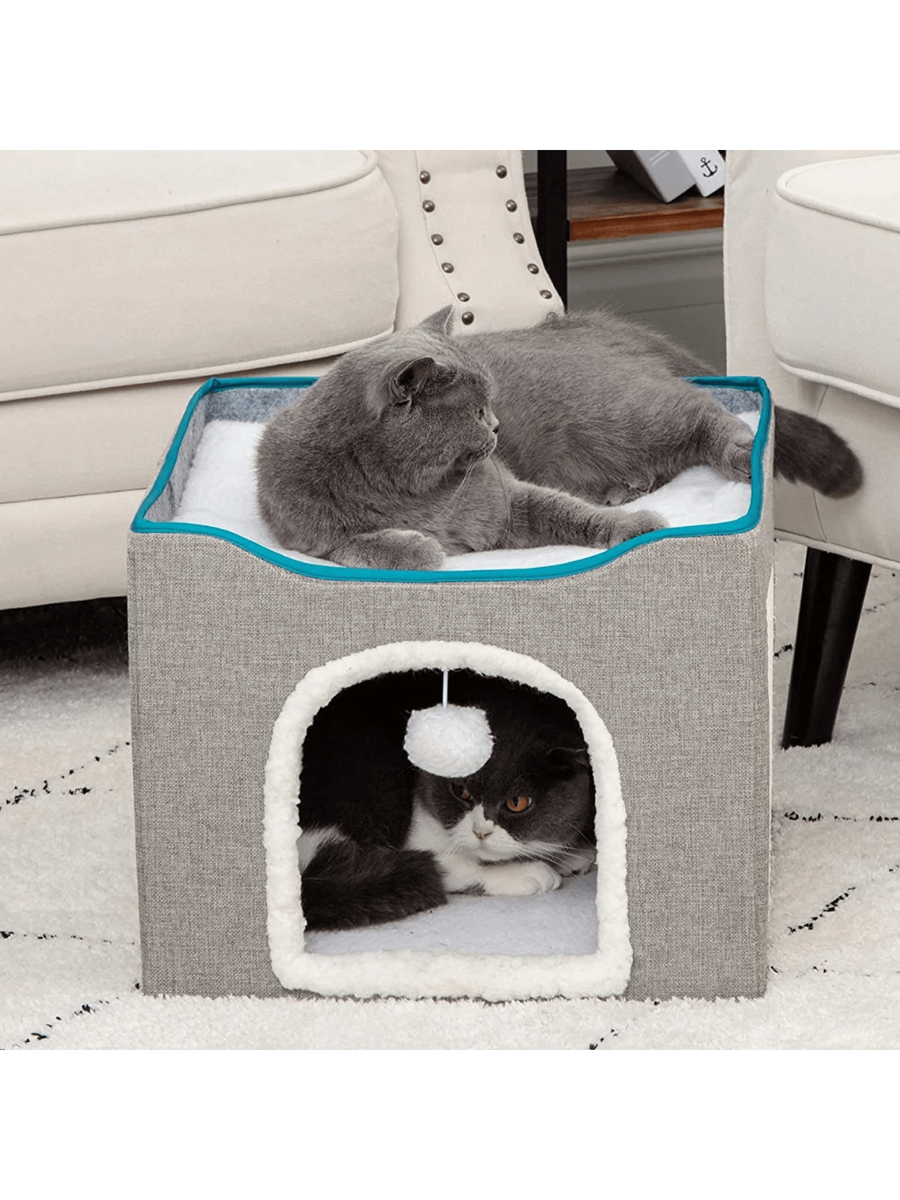 Foldable Cat Bed With Double Roof Design Scratch Pad And Plush Toy Cat House Indoor Outdoor Kitten Nest Puppy Bed Warm Washable Cushion