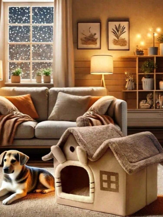 Double Roof Foldable Pet House Cartoon Design Enclosed Cat Dog Bed With Removable Cushion Non Slip Bottom Comfortable All Season Use