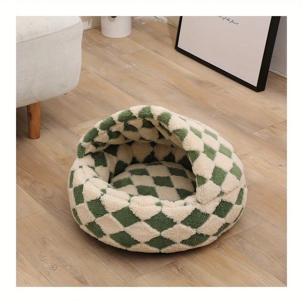 Shell Shaped Semi Enclosed Pet Bed Cozy Plush Cat Cave Nest Anti Anxiety Dog Sofa Cushion Round Bed Warm Comfortable Indoor Pet Sleeping
