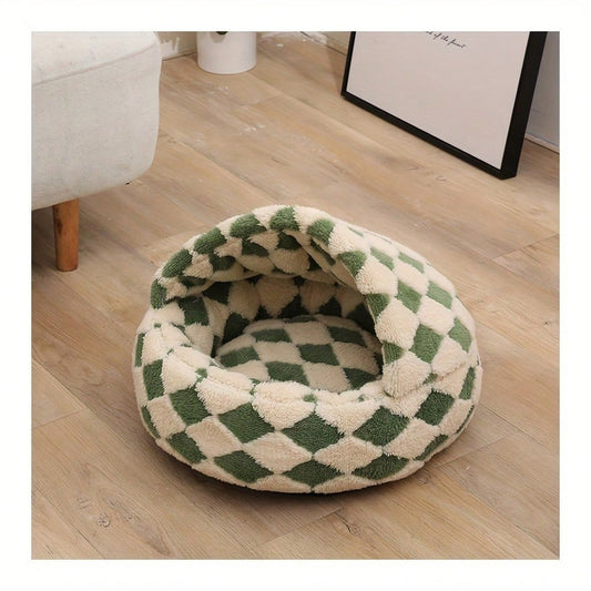 Shell Shaped Semi Enclosed Pet Bed Cozy Plush Cat Cave Nest Anti Anxiety Dog Sofa Cushion Round Bed Warm Comfortable Indoor Pet Sleeping