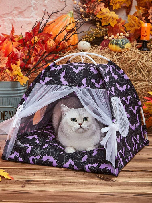 Breathable Pet Tent With Cute Bat Pattern Foldable Washable House For Small Medium Cats Dogs Cozy Portable Indoor Outdoor Sleeping Bed