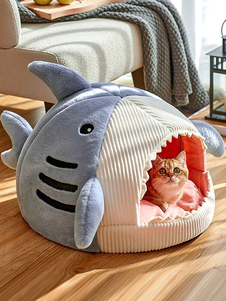 Shark Shaped Pet Bed Soft Warm Enclosed Cave Design For Cats And Dogs Cozy Nest Cushion Bed Provides Security For Indoor Sleeping