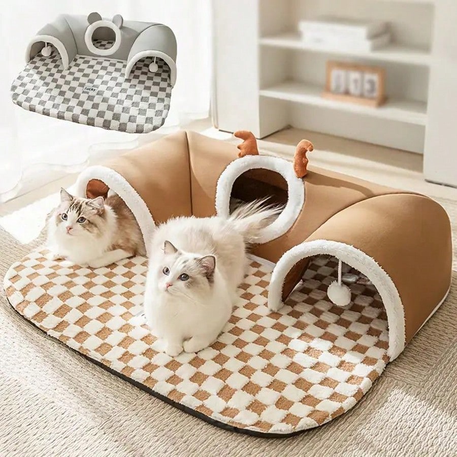 Cat Tunnel Bed For Small Pets All In One Hideout Tunnel With Deer Design Play And Sleep Cave Bed Warm Cushion For Cats Rabbits Hamsters