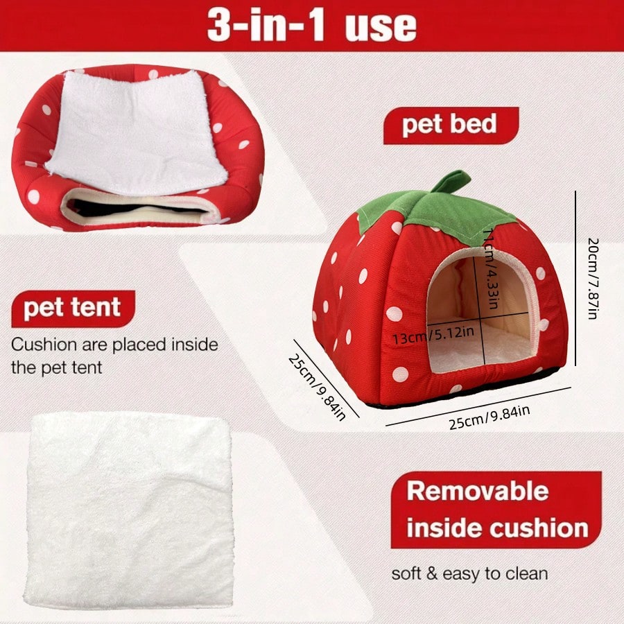 Small Pet Bed Strawberry Style Fully Enclosed Fleece Cuddle Cup Washable Winter Sleeping House For Ferret Chinchilla Hedgehog Rabbit