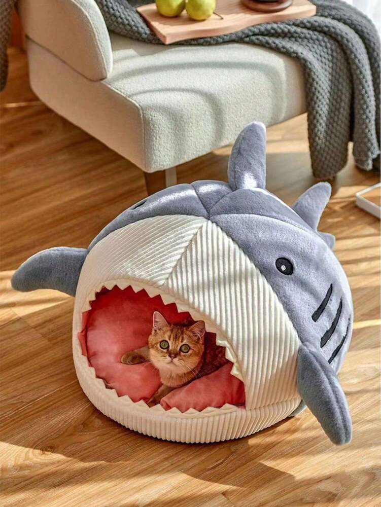 Shark Shaped Pet Bed Soft Warm Enclosed Cave Design For Cats And Dogs Cozy Nest Cushion Bed Provides Security For Indoor Sleeping