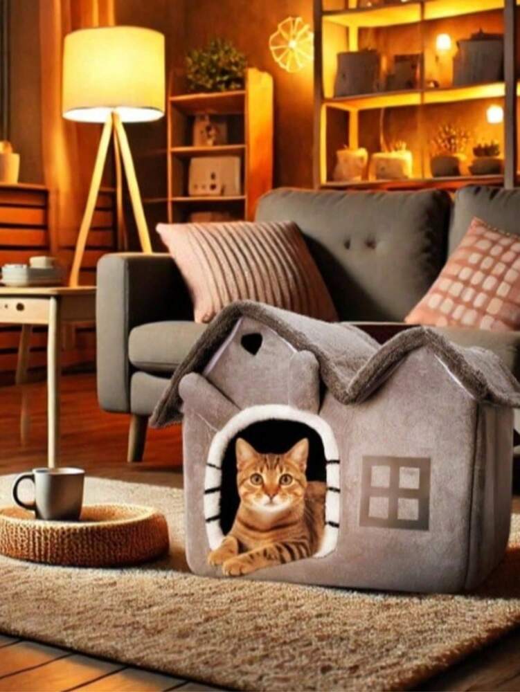 Double Roof Foldable Pet House Cartoon Design Enclosed Cat Dog Bed With Removable Cushion Non Slip Bottom Comfortable All Season Use