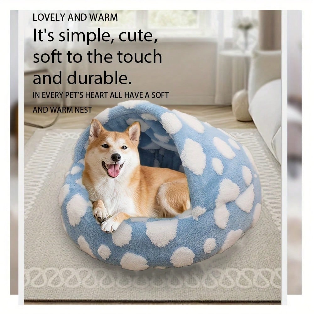 Shell Shaped Semi Enclosed Pet Bed Cozy Plush Cat Cave Nest Anti Anxiety Dog Sofa Cushion Round Bed Warm Comfortable Indoor Pet Sleeping