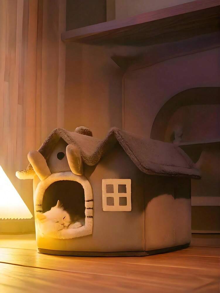 Double Roof Foldable Pet House Cartoon Design Enclosed Cat Dog Bed With Removable Cushion Non Slip Bottom Comfortable All Season Use