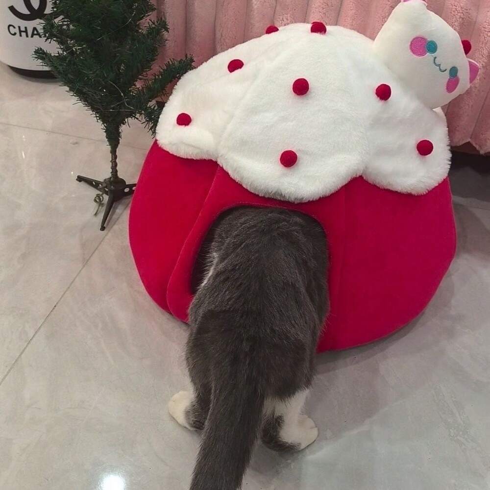 Enclosed Cat Bed With Removable Cushion Warm Cozy Plush Pet House Indoor Nest For Small Dogs Cats Holiday Christmas Winter Pet Sleeping