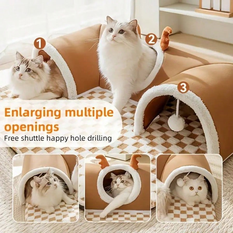 Cat Tunnel Bed For Small Pets All In One Hideout Tunnel With Deer Design Play And Sleep Cave Bed Warm Cushion For Cats Rabbits Hamsters