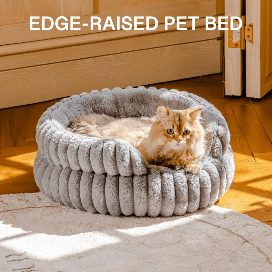 Beige Round Cat Bed For Indoor Use Soft Plush Small Dog Bed With Removable Washable Cushion Cozy Puppy Kitten Sleeping Nest Home Bed