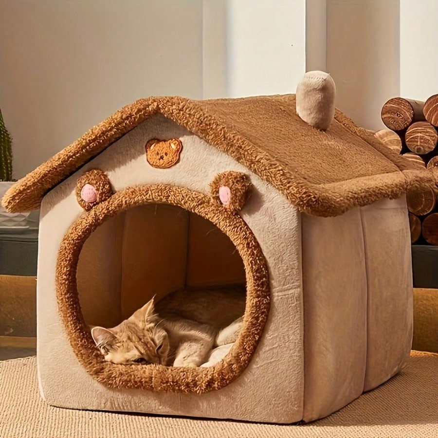 Thick Foldable Enclosed Cat Dog House Removable Washable Cushion Cozy Sleeping Bed For Small Dogs Cats Summer Winter All Season Use
