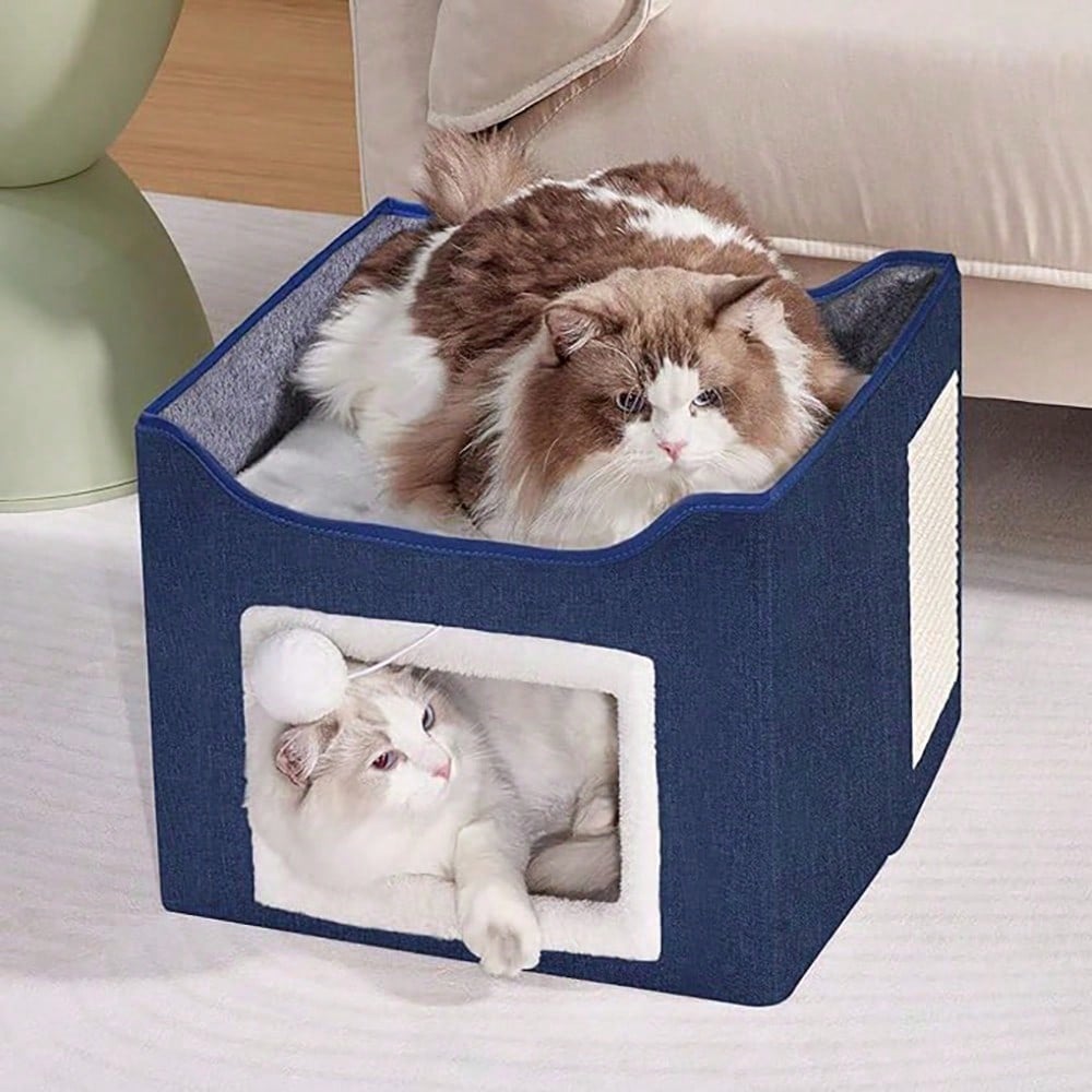 Foldable Cat Bed With Double Roof Design Scratch Pad And Plush Toy Cat House Indoor Outdoor Kitten Nest Puppy Bed Warm Washable Cushion