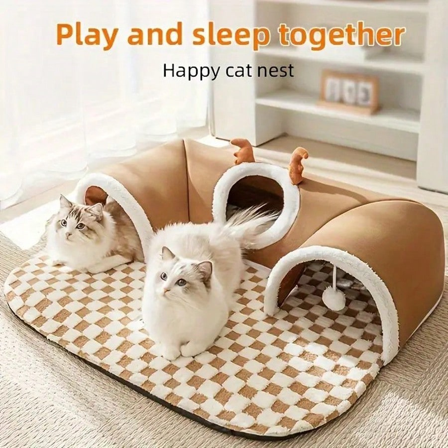 Cat Tunnel Bed For Small Pets All In One Hideout Tunnel With Deer Design Play And Sleep Cave Bed Warm Cushion For Cats Rabbits Hamsters