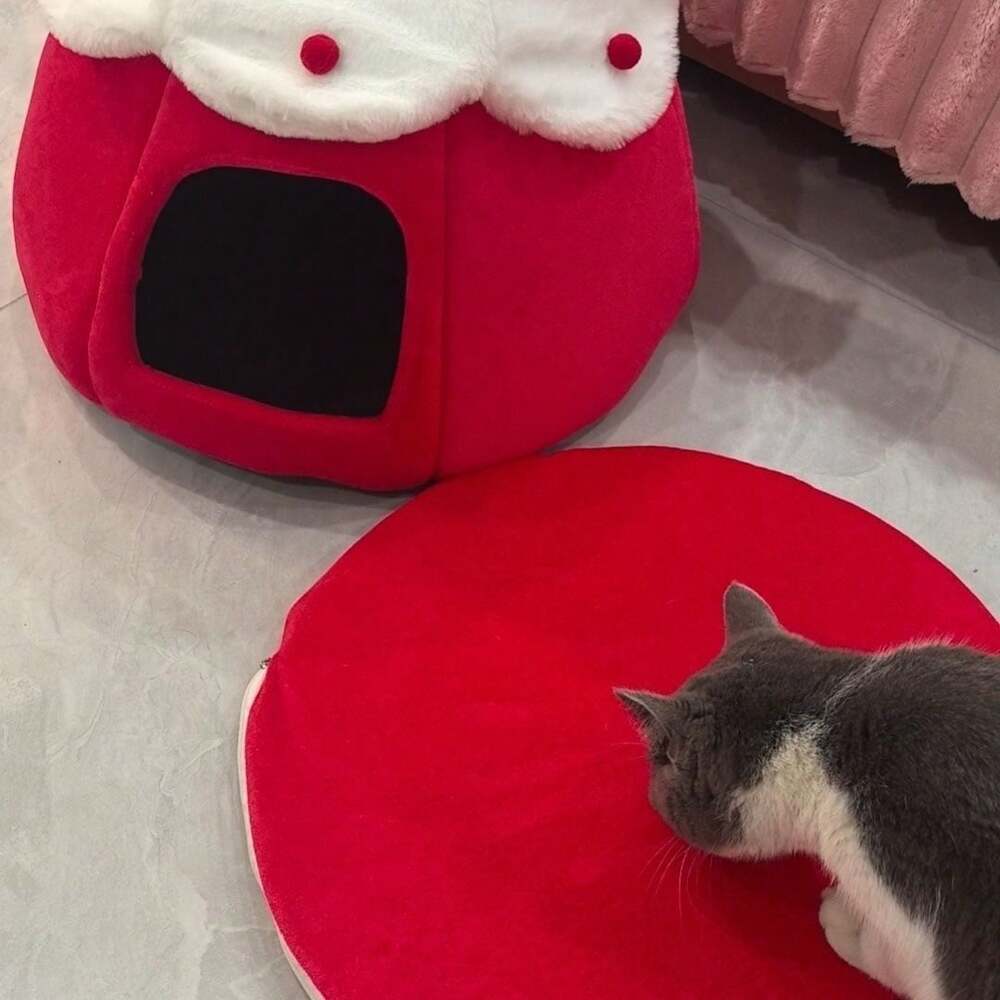 Enclosed Cat Bed With Removable Cushion Warm Cozy Plush Pet House Indoor Nest For Small Dogs Cats Holiday Christmas Winter Pet Sleeping
