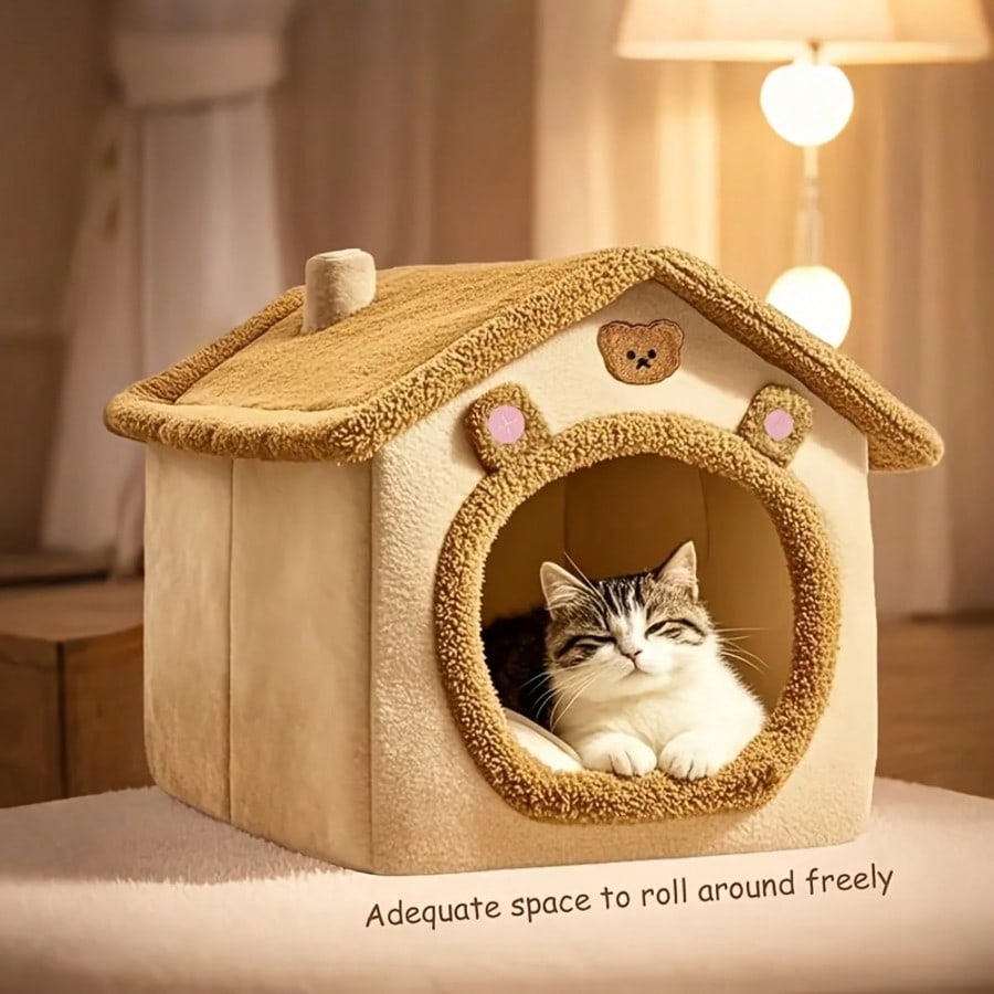 Thick Foldable Enclosed Cat Dog House Removable Washable Cushion Cozy Sleeping Bed For Small Dogs Cats Summer Winter All Season Use
