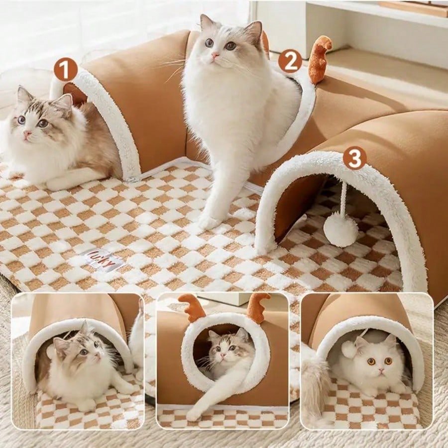 Cat Tunnel Bed For Small Pets All In One Hideout Tunnel With Deer Design Play And Sleep Cave Bed Warm Cushion For Cats Rabbits Hamsters