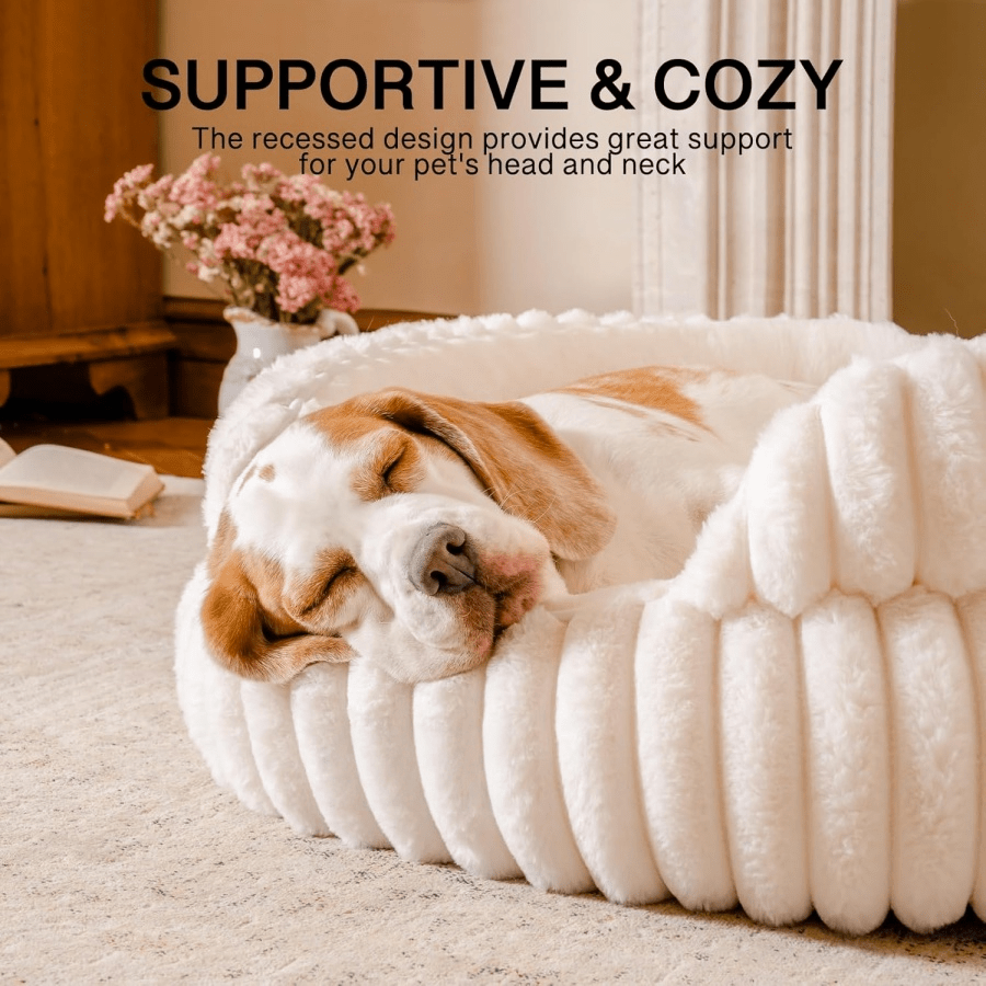 Beige Round Cat Bed For Indoor Use Soft Plush Small Dog Bed With Removable Washable Cushion Cozy Puppy Kitten Sleeping Nest Home Bed