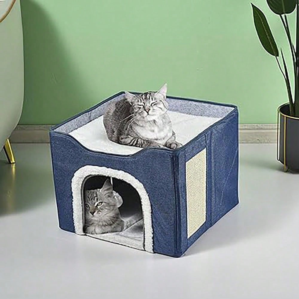 Foldable Cat Bed With Double Roof Design Scratch Pad And Plush Toy Cat House Indoor Outdoor Kitten Nest Puppy Bed Warm Washable Cushion