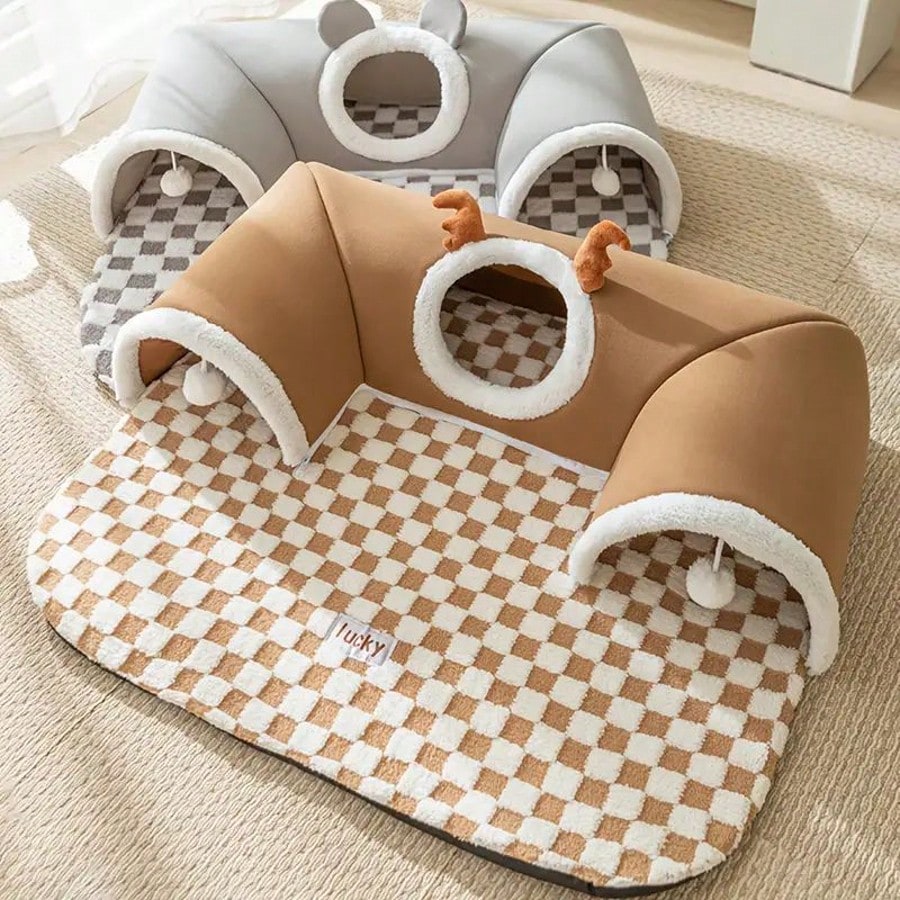 Cat Tunnel Bed For Small Pets All In One Hideout Tunnel With Deer Design Play And Sleep Cave Bed Warm Cushion For Cats Rabbits Hamsters