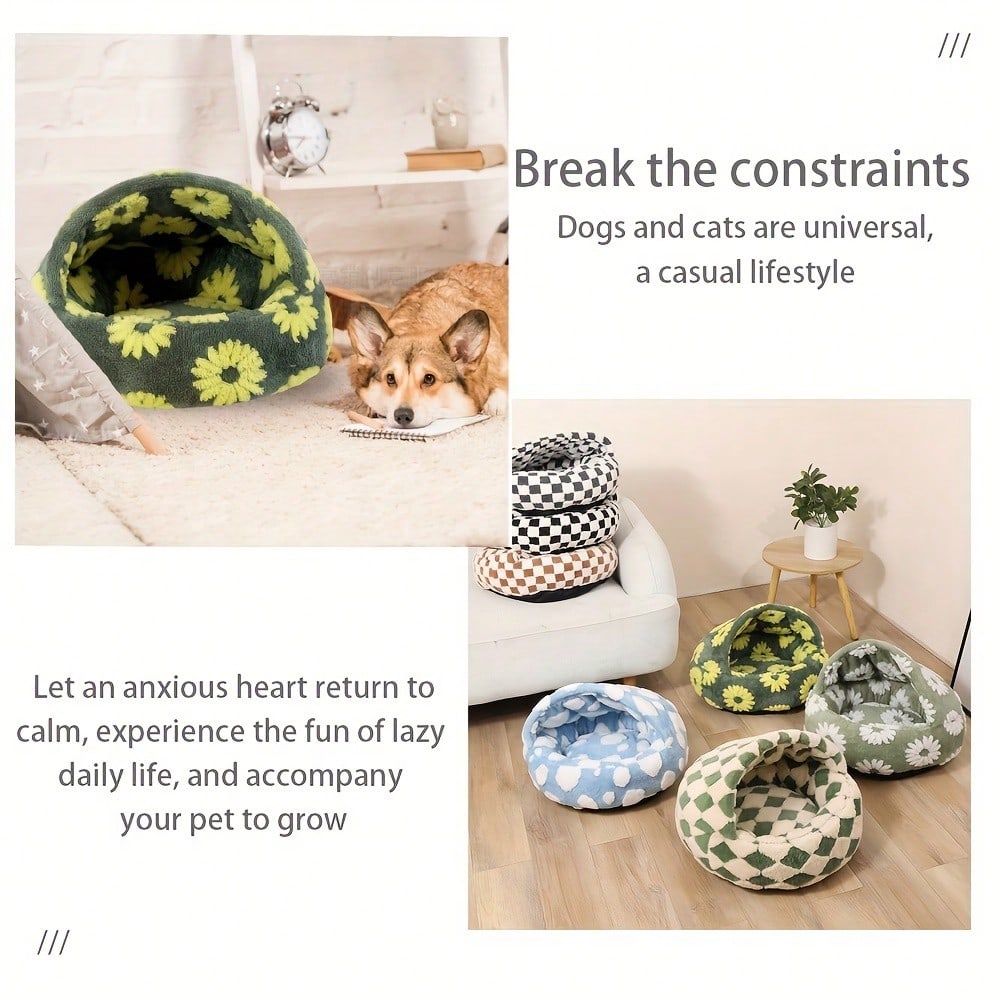 Shell Shaped Semi Enclosed Pet Bed Cozy Plush Cat Cave Nest Anti Anxiety Dog Sofa Cushion Round Bed Warm Comfortable Indoor Pet Sleeping