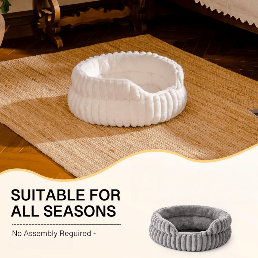 Beige Round Cat Bed For Indoor Use Soft Plush Small Dog Bed With Removable Washable Cushion Cozy Puppy Kitten Sleeping Nest Home Bed