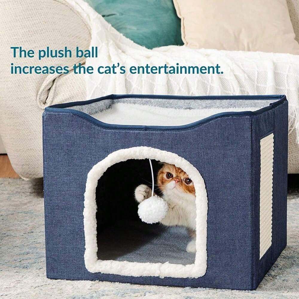Foldable Cat Bed With Double Roof Design Scratch Pad And Plush Toy Cat House Indoor Outdoor Kitten Nest Puppy Bed Warm Washable Cushion