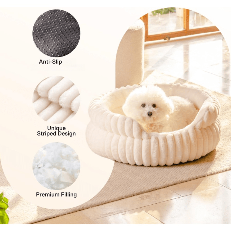 Beige Round Cat Bed For Indoor Use Soft Plush Small Dog Bed With Removable Washable Cushion Cozy Puppy Kitten Sleeping Nest Home Bed