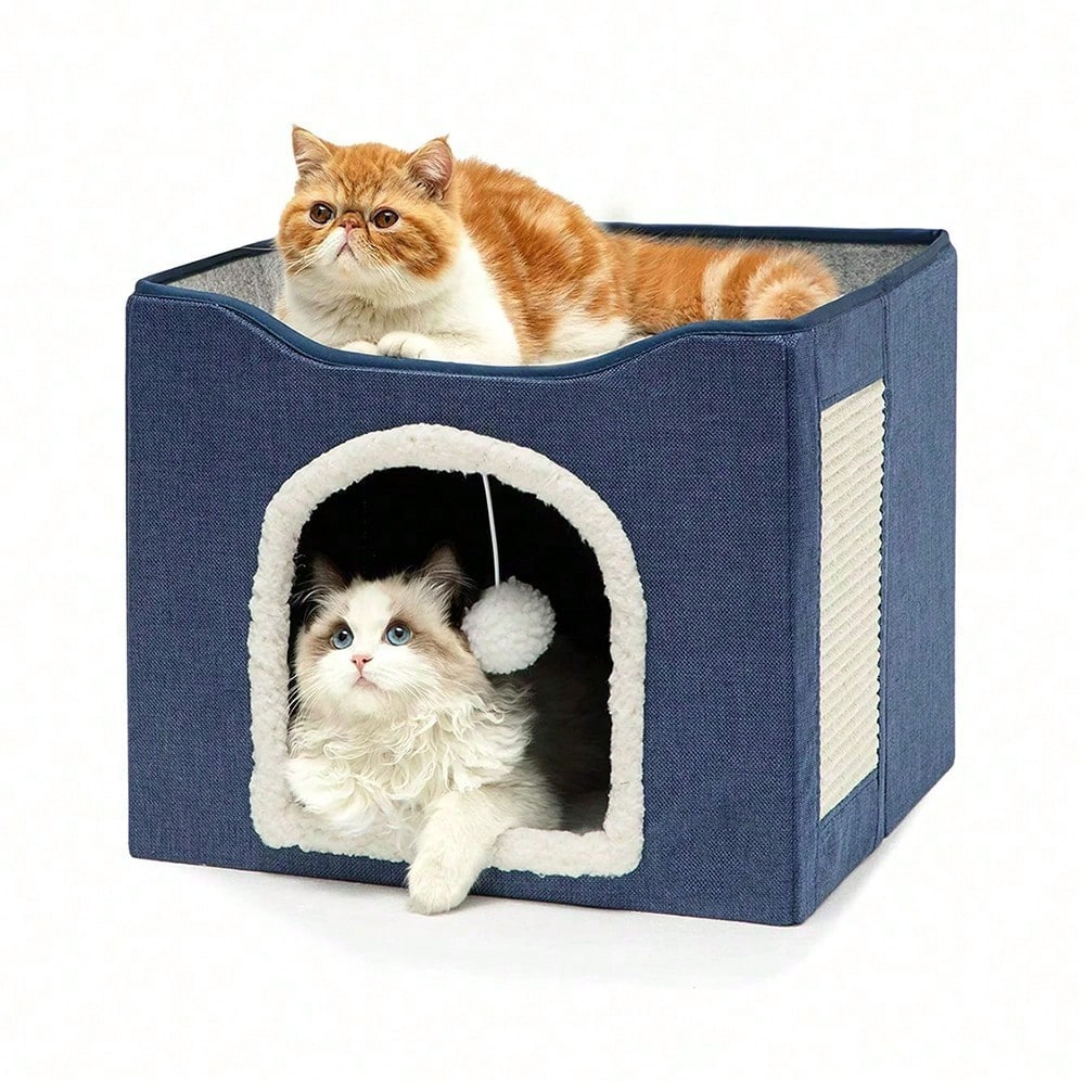 Foldable Cat Bed With Double Roof Design Scratch Pad And Plush Toy Cat House Indoor Outdoor Kitten Nest Puppy Bed Warm Washable Cushion