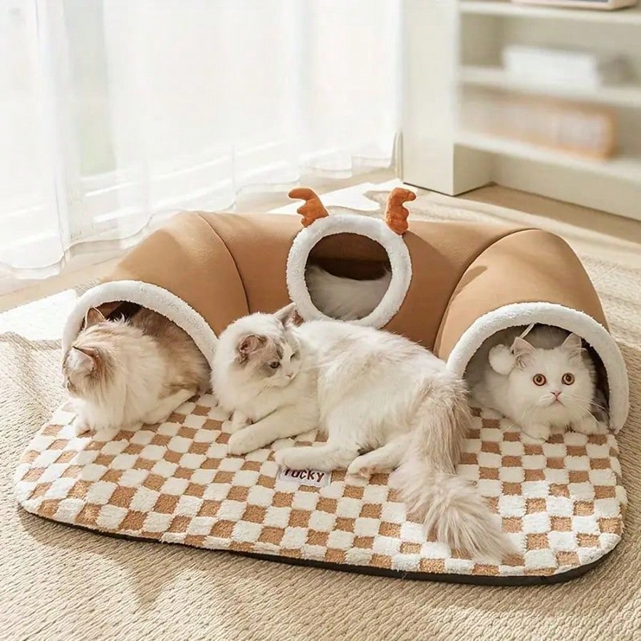 Cat Tunnel Bed For Small Pets All In One Hideout Tunnel With Deer Design Play And Sleep Cave Bed Warm Cushion For Cats Rabbits Hamsters